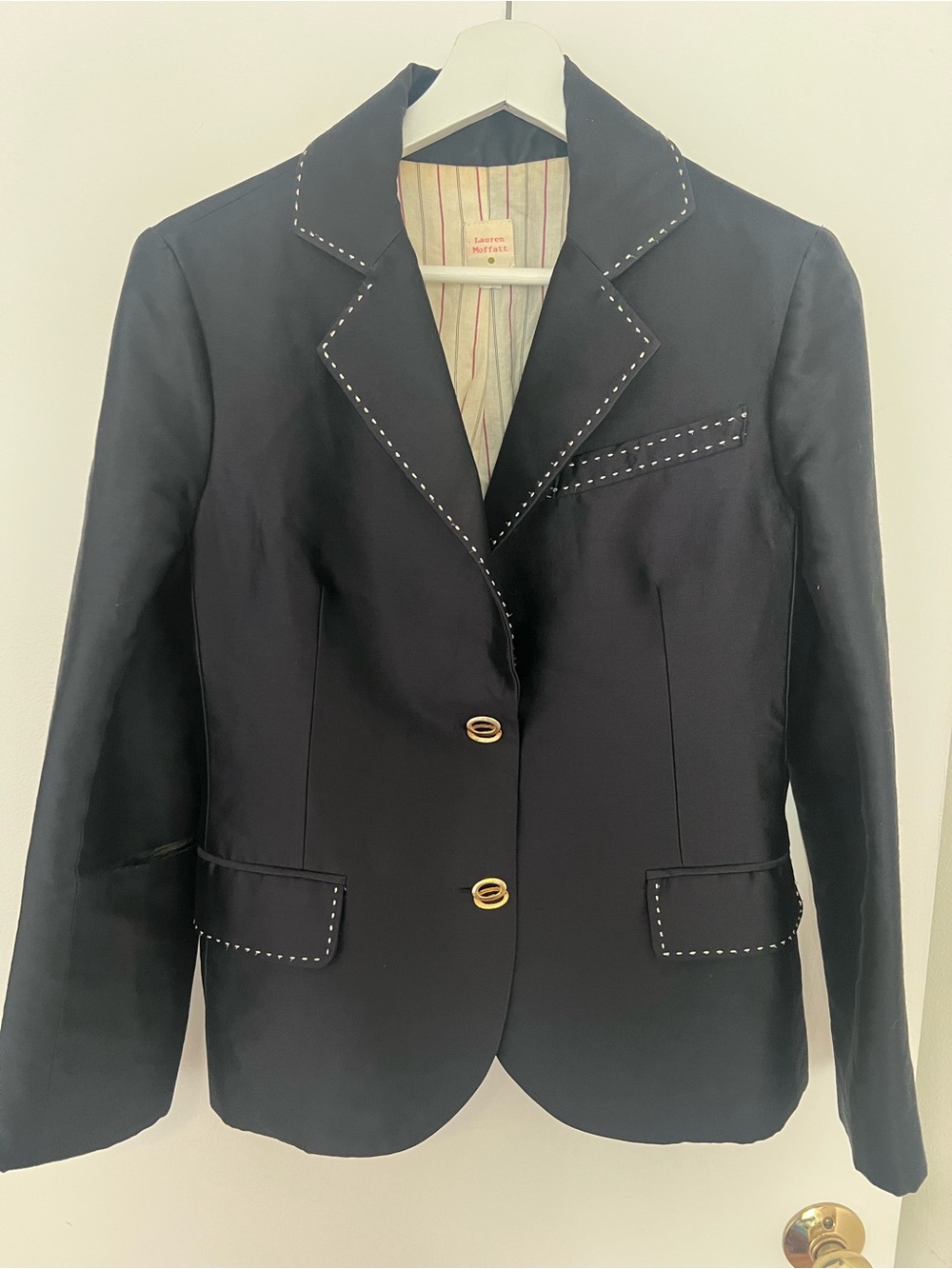 Lauren Moffat Silk Tailored Navy Blazer w/ Cream Stitching & Gold Button detail